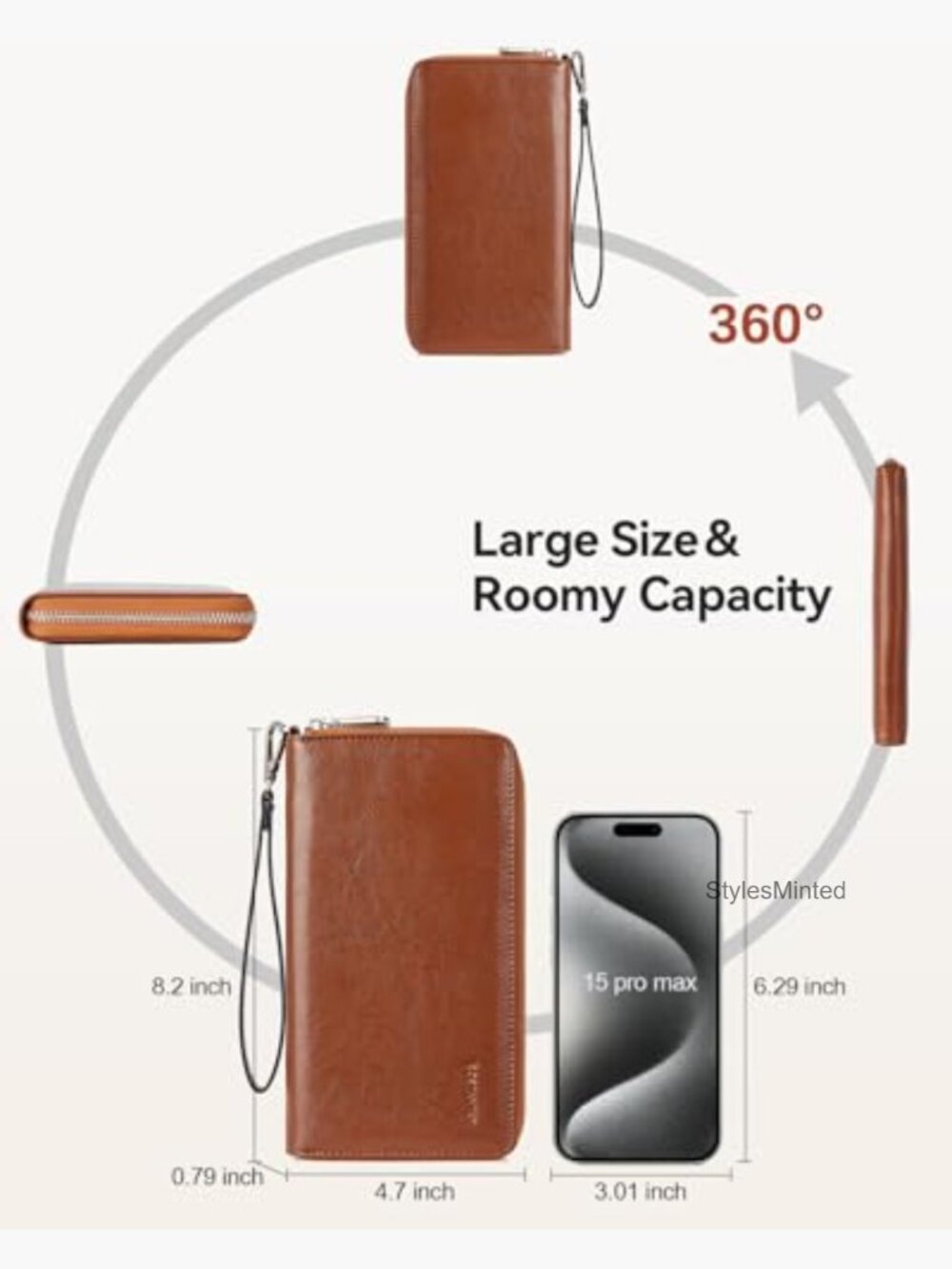 Large RFID Blocking Leather Zip Around Wristlet Wallet Phone Clutch - Picture 4 of 7